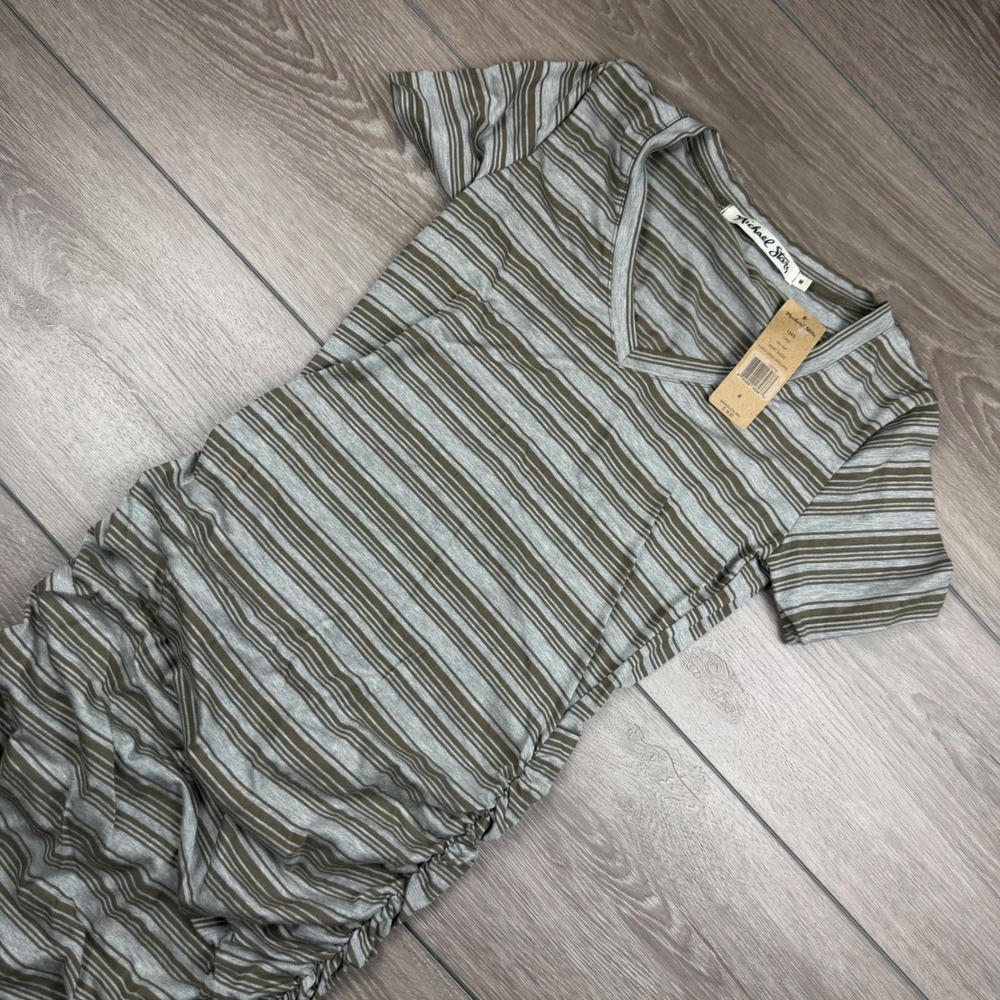 Michael Stars Women Dress Kali Knit Ruched V-Neck Striped Camo Green M 1265